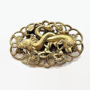 Vintage Brooch, Double Fish, Pisces, Ornate, Filagree, Gold, Art Nouveau Style